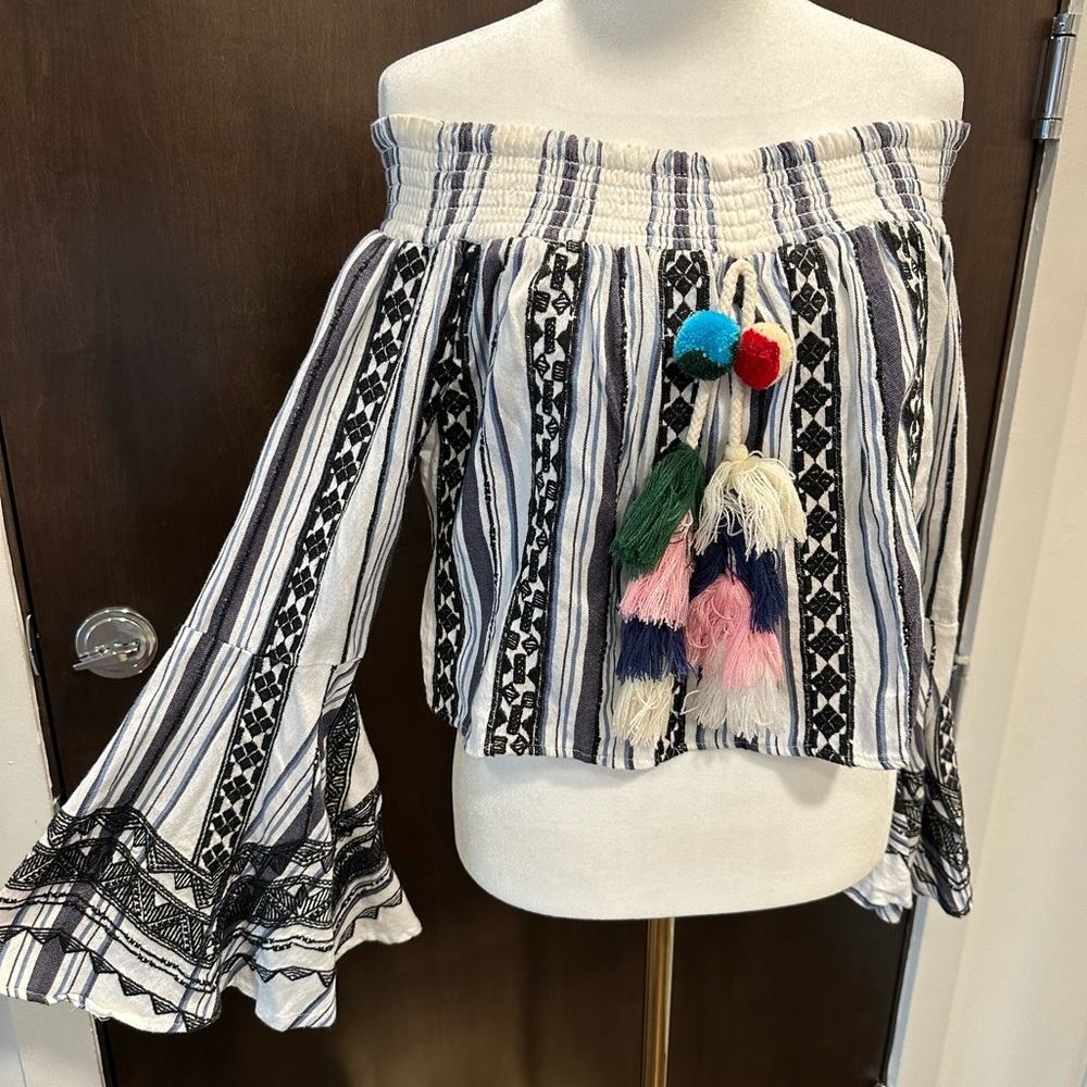 Red Carter Off The Shoulder Smock Long Sleeve Blouse With Tassel